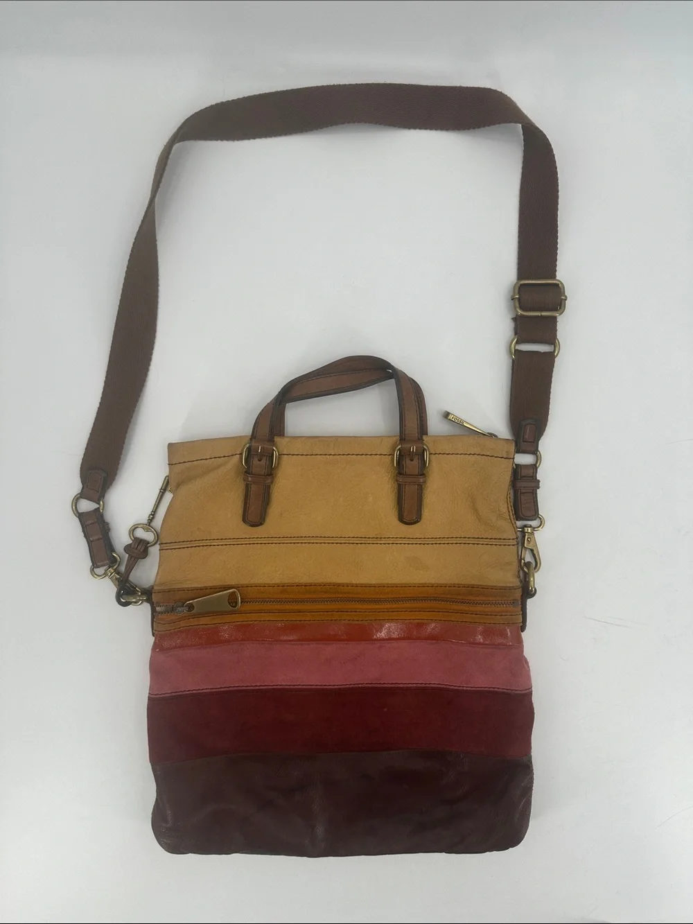 Vintage Fossil Explorer leather messenger bag brown, yellow, pink striped